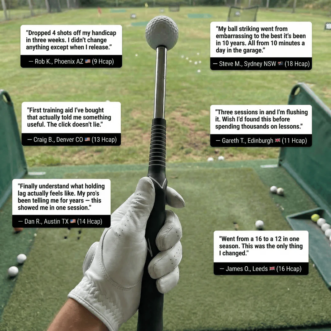Side-by-side comparison of a golfer before and after training — early release on the left, compact impact position on the right.